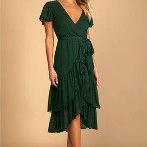 Lulu's Dark Green Swiss Dot Ruffled Faux Wrap Midi Dress